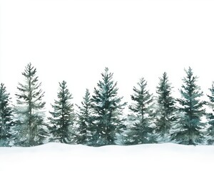 Snowy forest watercolor scene with evergreen trees on white background