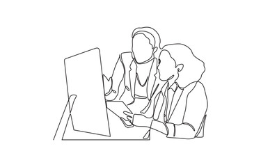 Continuous line drawing of office workers listen to the report, Meeting, Discussion, Brainstorming. Four colleagues gathered and discussing with each other.