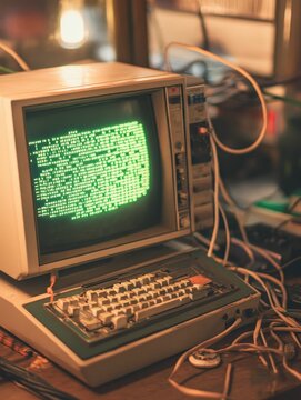 Retro computer terminal displaying green code text.