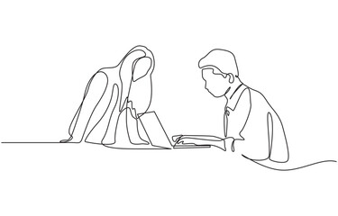 Continuous line drawing of office workers listen to the report, Meeting, Discussion, Brainstorming. Four colleagues gathered and discussing with each other.