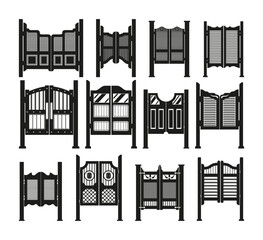 Saloon door bar entrance black monochrome silhouette set vector flat illustration