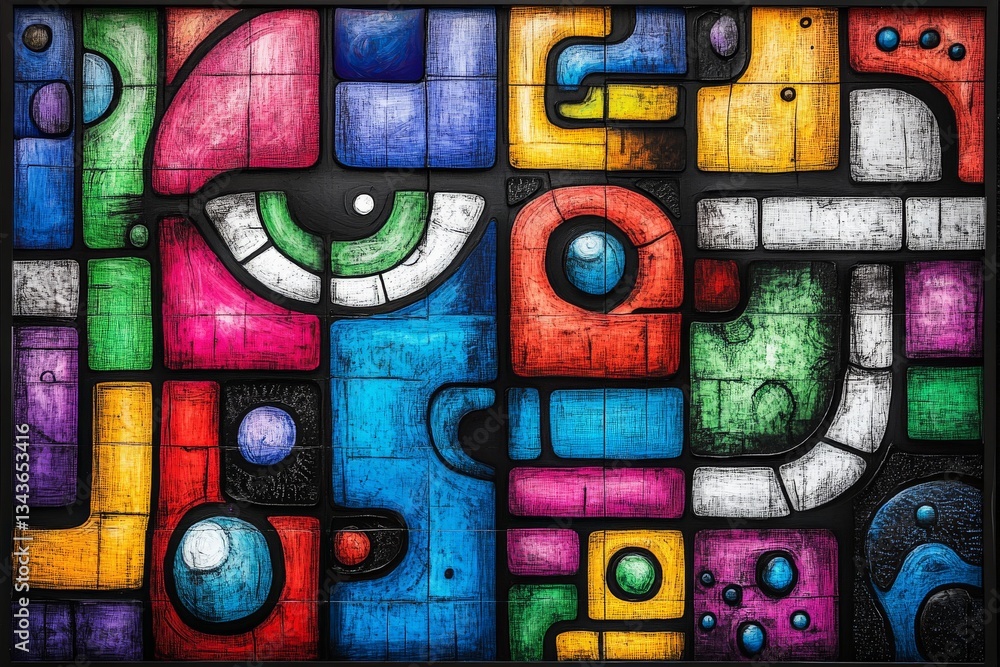 Aufkleber Vibrant abstract artwork featuring geometric shapes in a colorful arrangement displayed in an indoor setting