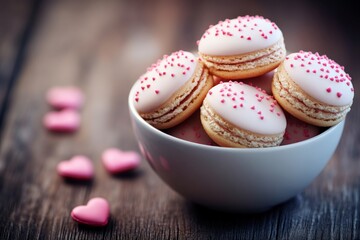 Fototapeta premium Delicious heart-shaped macarons in a white bowl with pink sprinkles perfect for special occasions