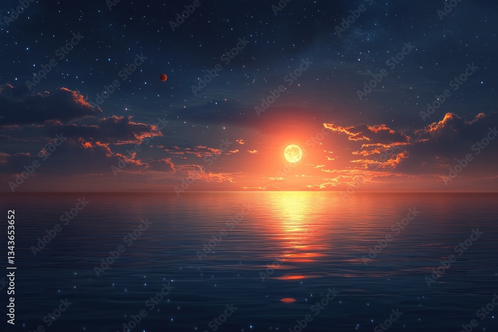 Poster vibrant sunset over calm ocean waters highlights celestial features and cloud formations during twil