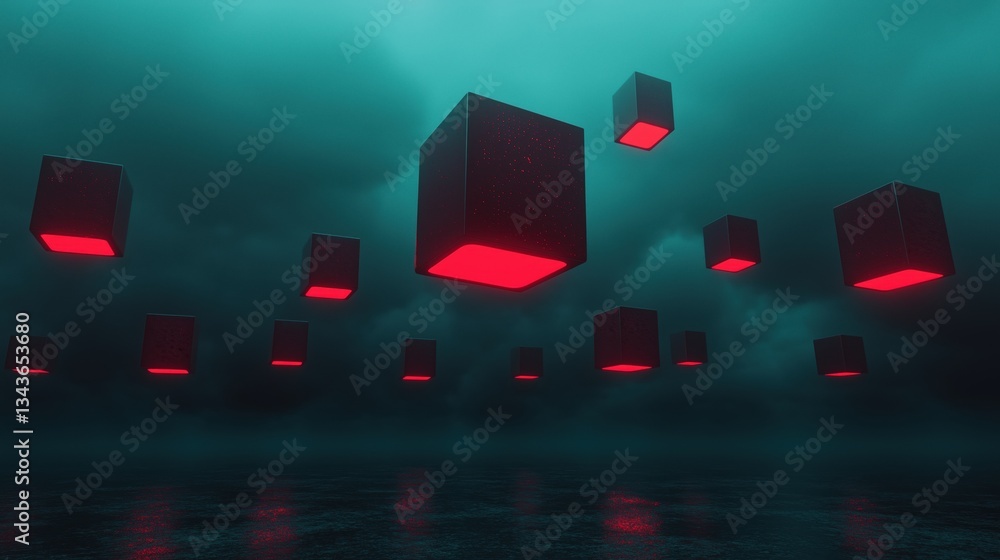 Poster group of red cubes floating in the air above a body of water. the cubes are of different sizes and s