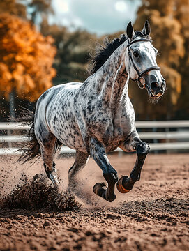 Dapple-grey horse powerfully strides forward hooves kicking up dirt in an outdoor arena with autumn foliage backdrop.