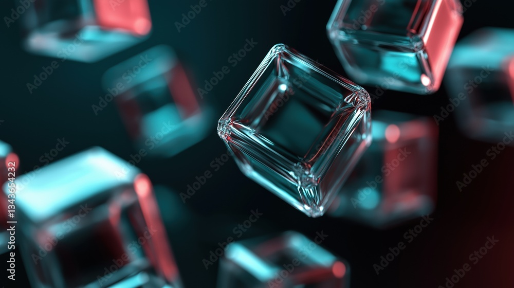 Poster group of small, square-shaped cubes floating in the air. the cubes are of different sizes and colors