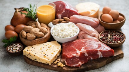 High protein diet foods arranged beautifully warm light enhances rich colors. AI Generated