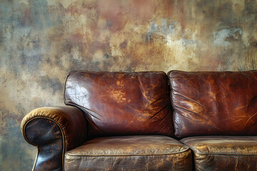 Photograph of an old leather sofa against a textured wallpaper wall, showcasing the rich brown color and worn texture for vintage home decor.