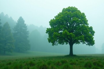 Obraz premium Isolated tree in a misty forest with foggy atmosphere, greenery, bark texture, tree trunk