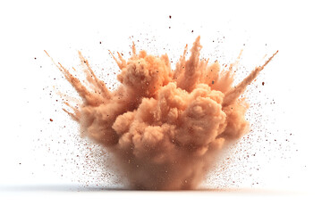 Dust explosion with an orange-brown cloud expanding rapidly against a white background showing dynamic energy and small particle dispersal.