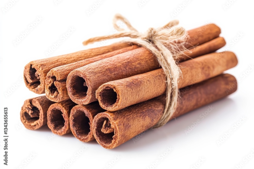 Aufkleber Stacked cinnamon sticks tied with twine on a plain background showcasing their rich, warm color and texture
