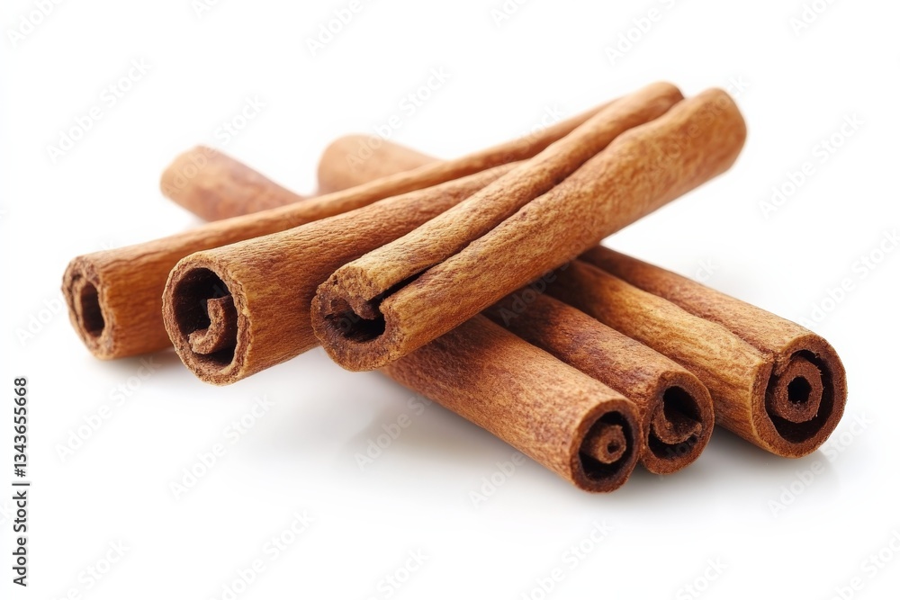 Poster cinnamon sticks arranged neatly on a white background showcasing their texture and natural color