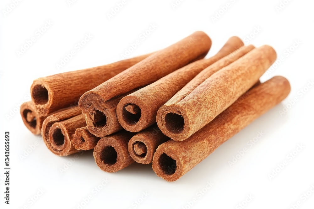 Poster freshly harvested cinnamon sticks arranged neatly on a white background highlighting their rich text