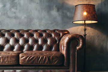 Vintage leather sofa and lamp on a grey background, front view. A brown vintage Chesterfield loveseat with lighted floor lamps,