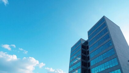 Modern office building situated in front of a serene blue sky with some subtle wisps of cloud, cityscape, blue sky