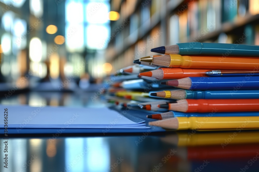 Poster colorful collection of pens and pencils on a table in a library during a quiet afternoon study sessi