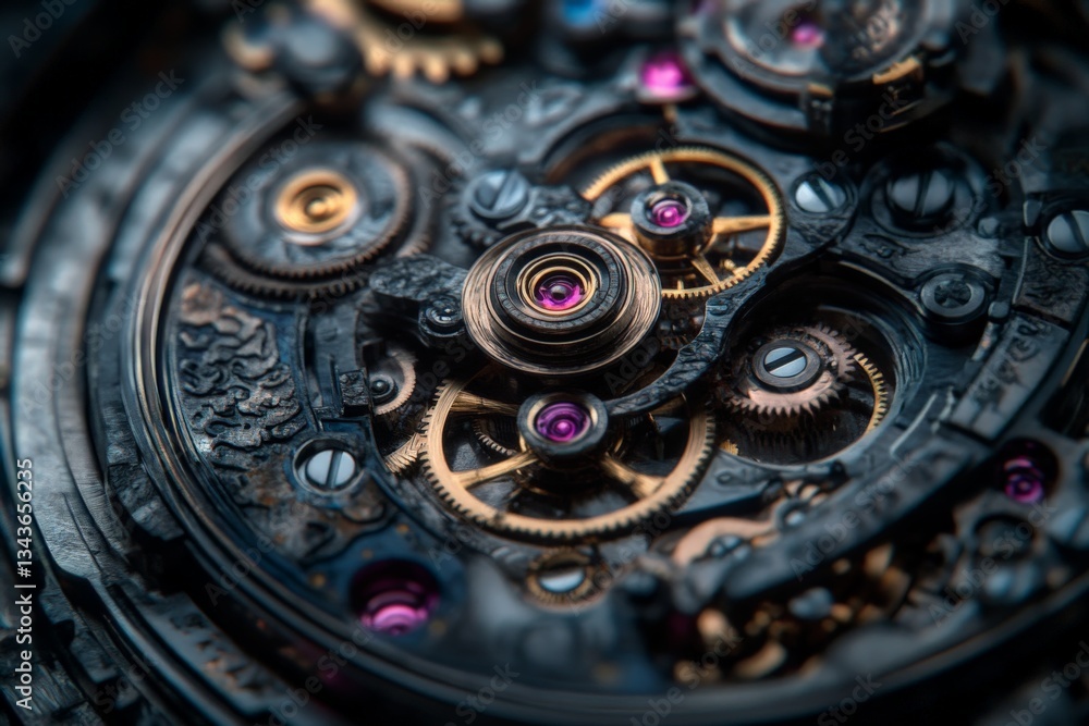 Poster intricate mechanics of a vintage pocket watch displayed with fine craftsmanship and detail in dim li