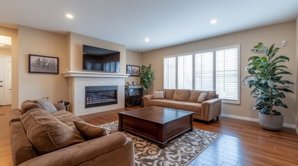 Cozy living room with a fireplace, comfortable seating, and natural light.
