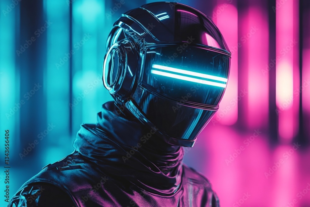 Poster cybernetic figure with illuminated visor stands against neon backdrop in futuristic setting
