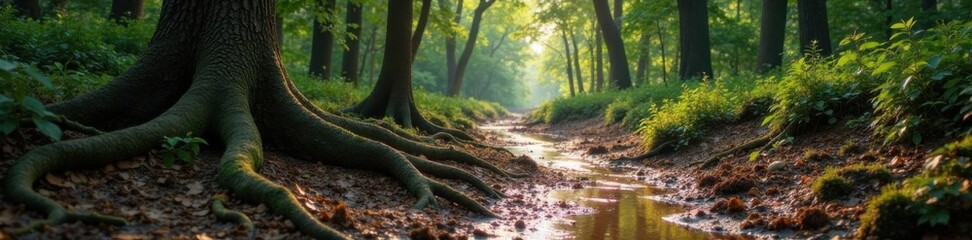 Muddy forest landscape with twisted tree roots,  moss,  foliage,  decay