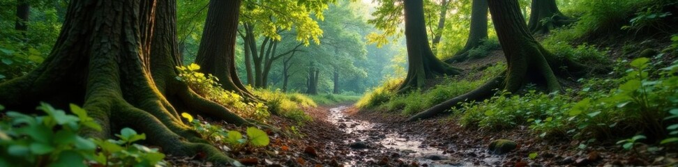 Obraz premium Muddy forest with old tree trunks and overgrown vegetation, trees, forest, earthy