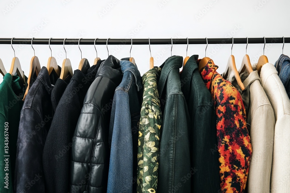 Poster stylish outerwear collection displayed on hangers in a retail setting during daylight hours
