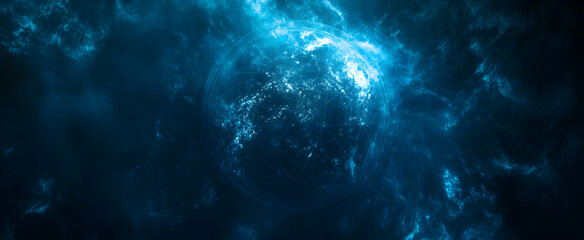 Fototapeta premium Abstract digital background with glowing blue light and dark grid lines on the planet 