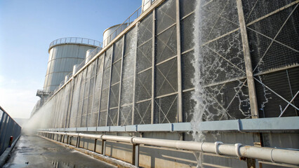 Fototapeta premium Water Cooling System in Industrial Facility with Spray and Equipment in Bright Daylight