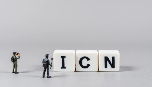 Miniature figures observe a grey background where the word "I CAN" is revealed after removing a white cube with a "T" , grey, change