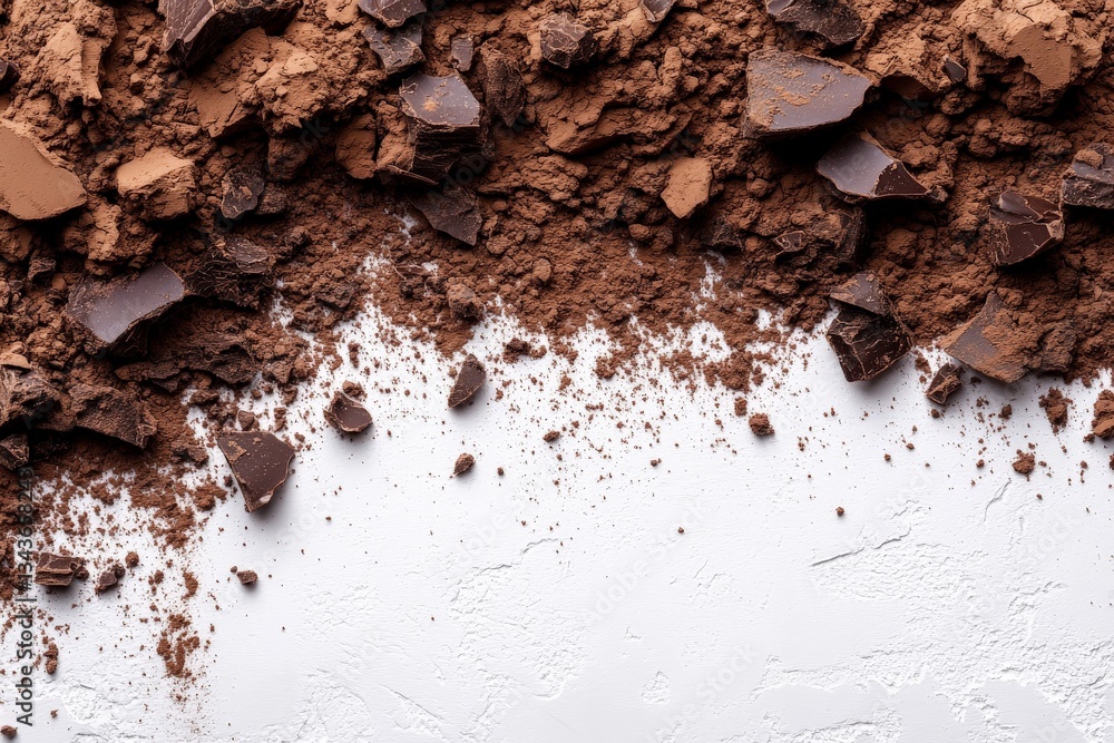 Aufkleber rich cocoa powder and dark chocolate pieces create a textured dessert background for baking and culi