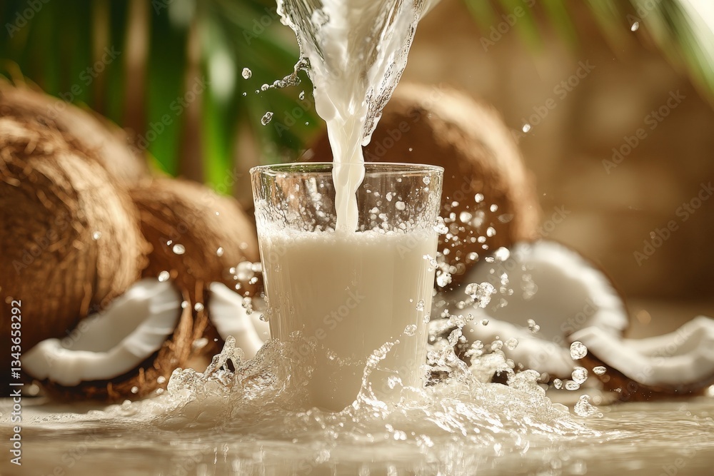 Poster fresh coconut milk being poured into a glass surrounded by coconuts in a tropical setting