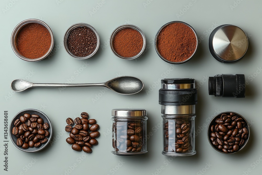 Poster Coffee preparation tools arranged on a flat surface with various coffee types and containers
