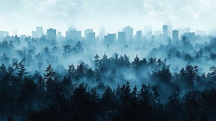 Fototapeta premium Mysterious city skyline subtly emerges from dense blue fog shrouded forest. AI Generated