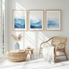 海のアートフレームとラタン家具が彩るナチュラルなリラックス空間 モックアップ| Relaxing Natural Space with Ocean Art Frames and Rattan Furniture