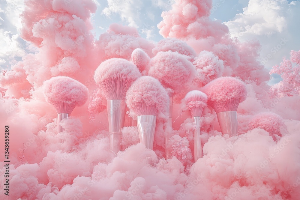Poster brushes surrounded by fluffy pink clouds create a whimsical and dreamy atmosphere in a surreal lands