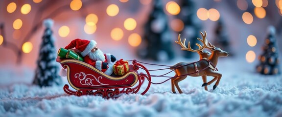 Miniature Santa's sleigh with reindeer, gifts, snowy scene,  holiday season, figurine
