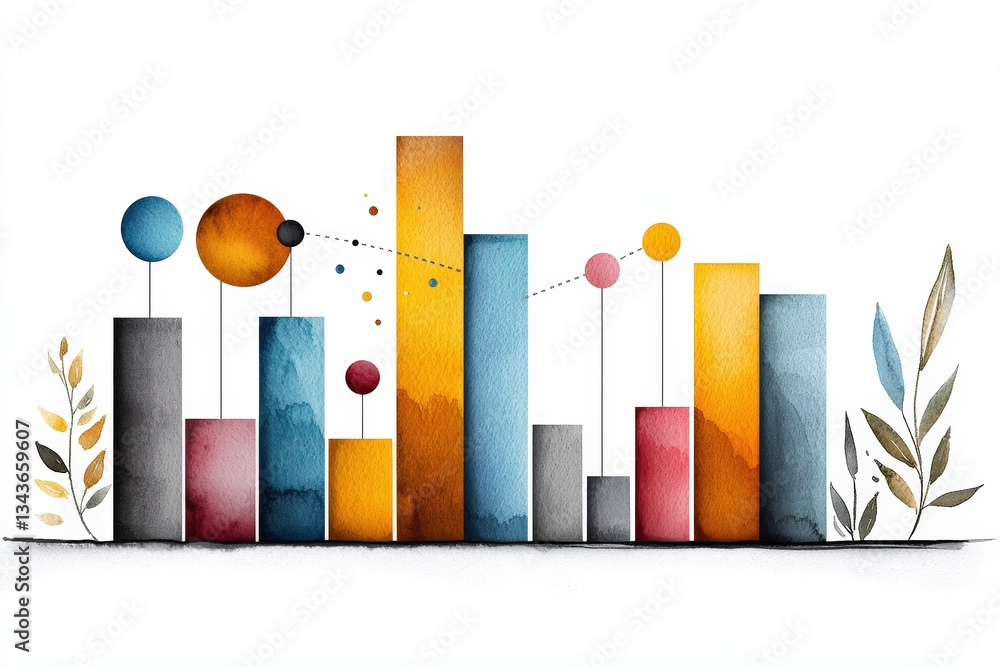 Poster colorful watercolor bar chart with geometric shapes and leaves, representing data visualization and 