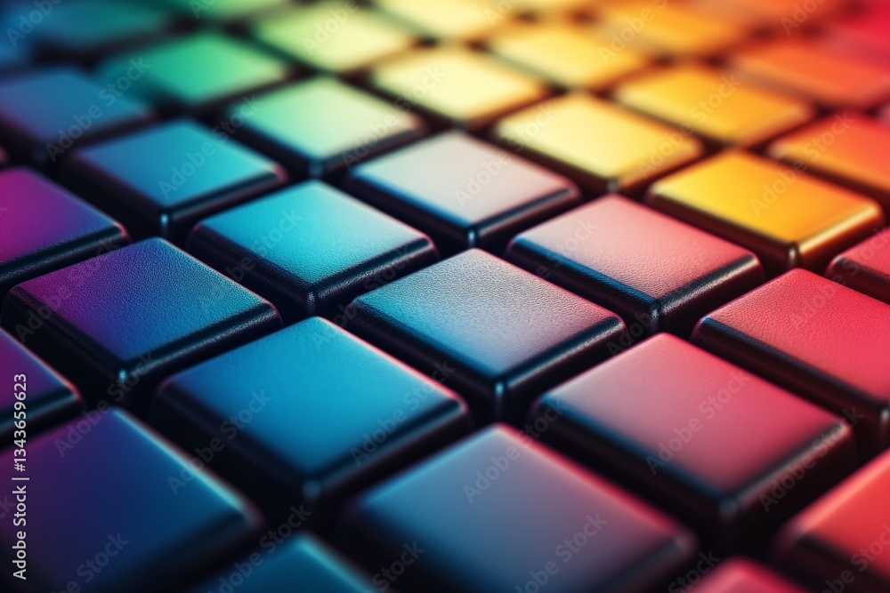 Poster Vibrant grid of colorful square buttons under soft lighting in a modern setting