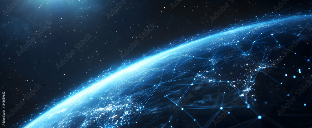 Wall mural abstract digital background with glowing blue light and dark grid lines on the planet