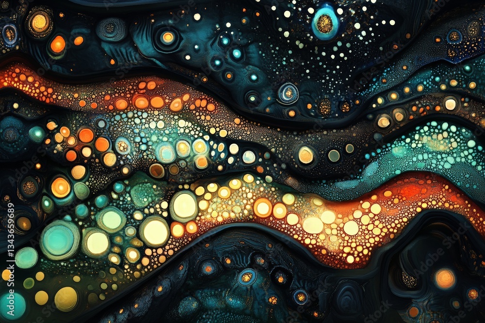 Poster Abstract artwork with vibrant colors and circular patterns flowing across a dark background