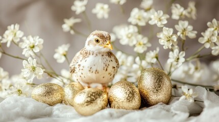 Bird on Gold Eggs Surrounded by White Flowers and Soft Background