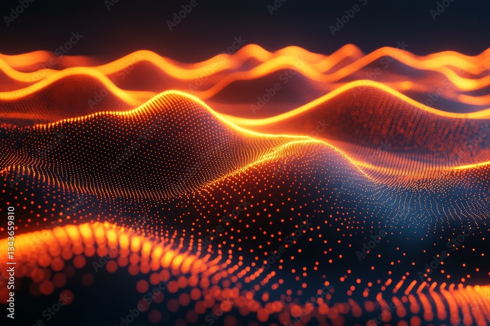 Poster digital landscape with glowing orange waves and dotted patterns in a futuristic setting at night