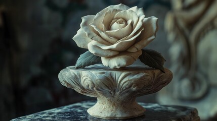 Carved rose in stone pedestal stands still