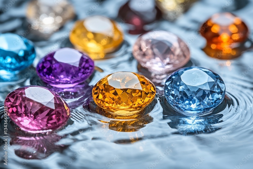 Aufkleber colorful gemstones resting on the surface of water creating ripples during daylight