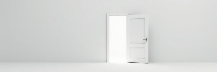 Open white door on a seamless white background, inviting exploration of unknown space, purity, emptiness