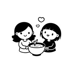 A silhouette of a girl sharing a bowl of soup with a friend