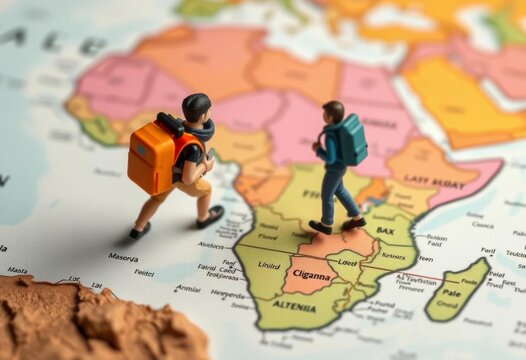 Miniature travelers with backpacks explore a South Africa map Global exploration concept, miniature, photography - Powered by Adobe
