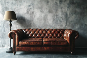 Vintage leather sofa and lamp on a grey background, front view. A brown vintage Chesterfield loveseat with lighted floor lamps,