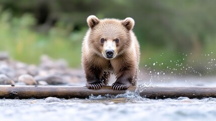 Obraz premium Young bear crossing a log over a stream